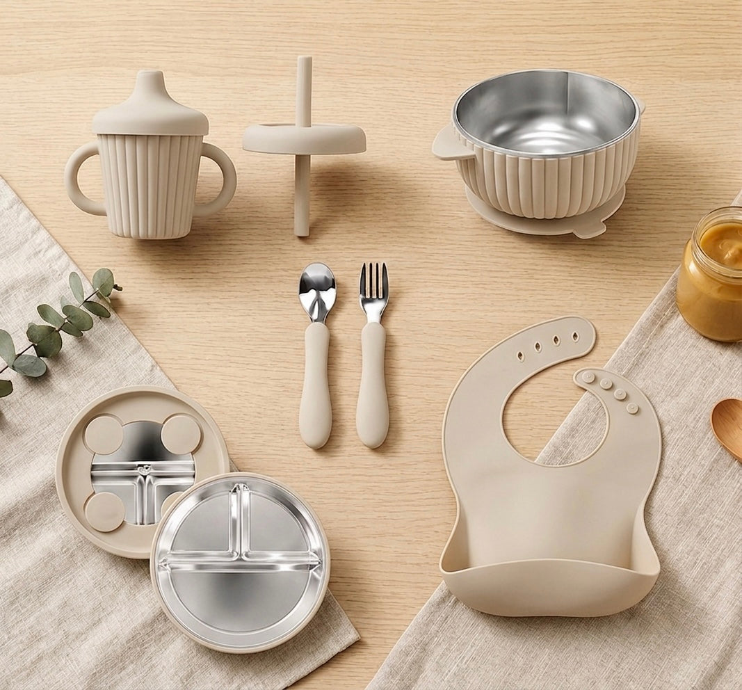 Ensemble de vaisselle en acier inoxydable et silicone de qualité supérieure pour bébé (7 pièces)